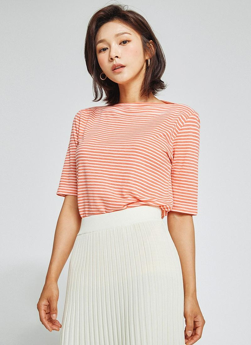 リネン混ボートネックボーダーTシャツ