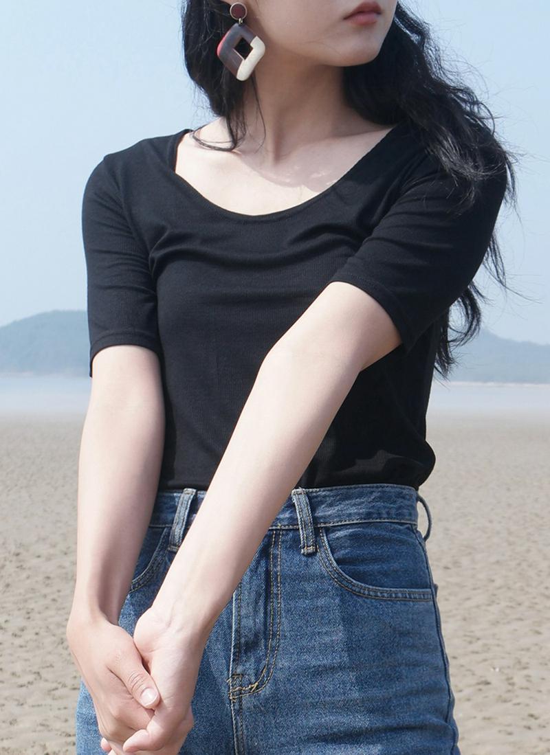 レーヨン混リブ半袖Tシャツ