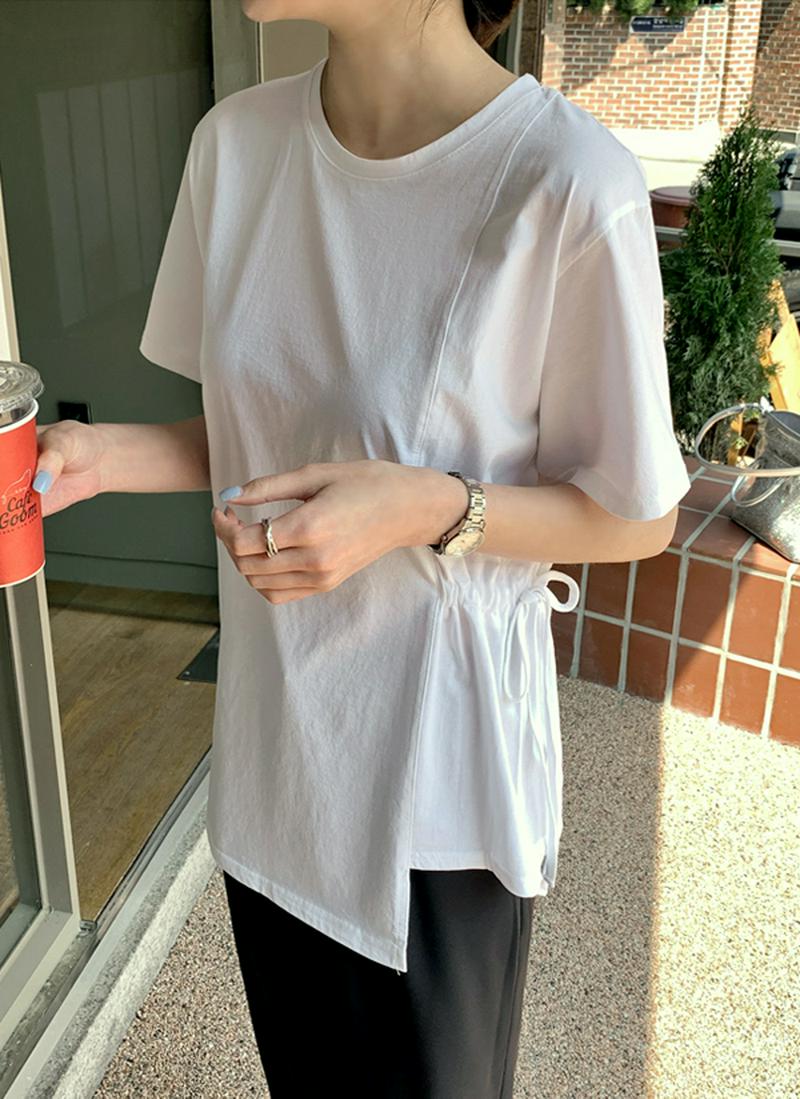 サイドドローストリングアンバランスTシャツ