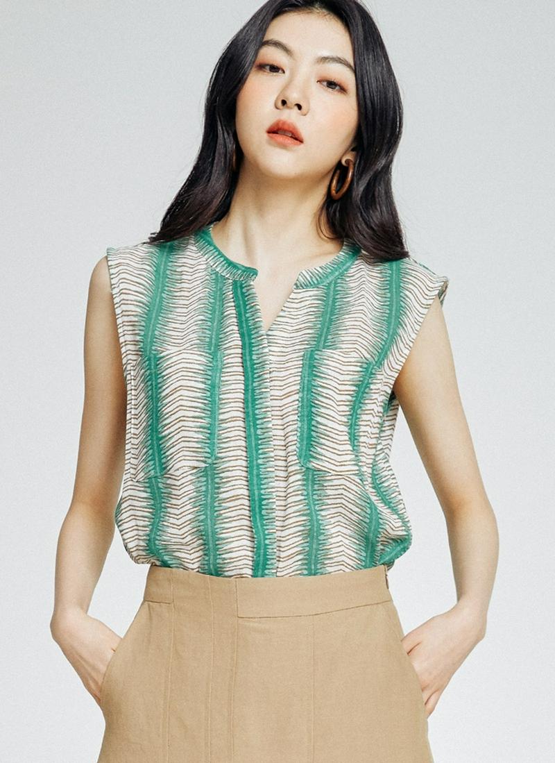 リネン混パターンスキッパーブラウス(グリーン)