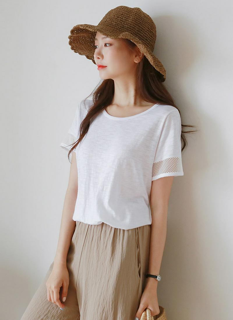 モダール混メッシュディテールTシャツ