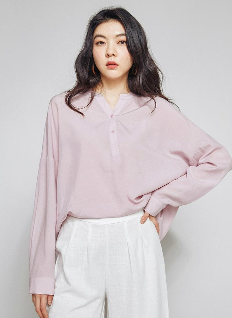 ボタンスリットプルオーバーバンドカラーシャツ(バイオレット)