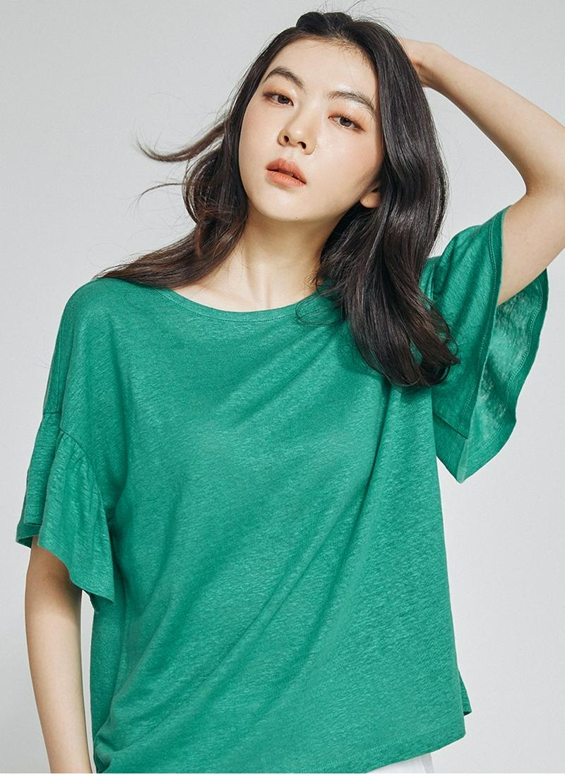 フリルカフスリネンTシャツ(グリーン)