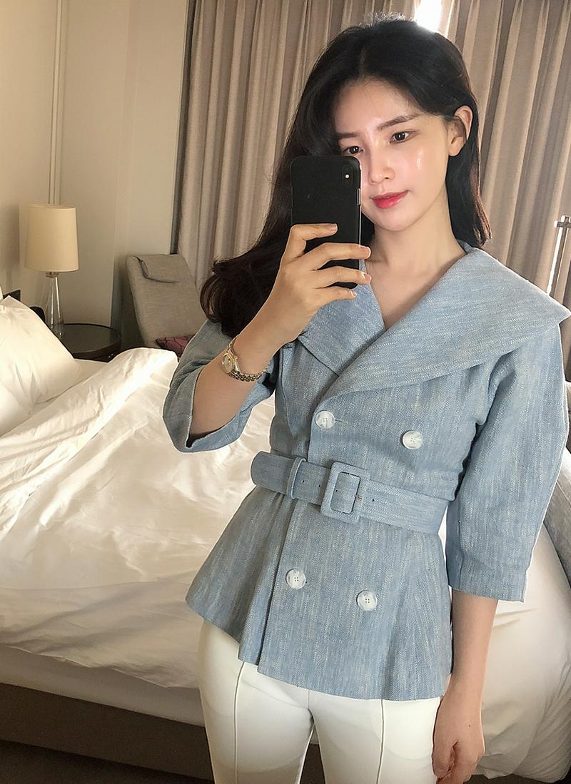 ベルト付ワイドショールカラージャケット(ディープスカイブルー)