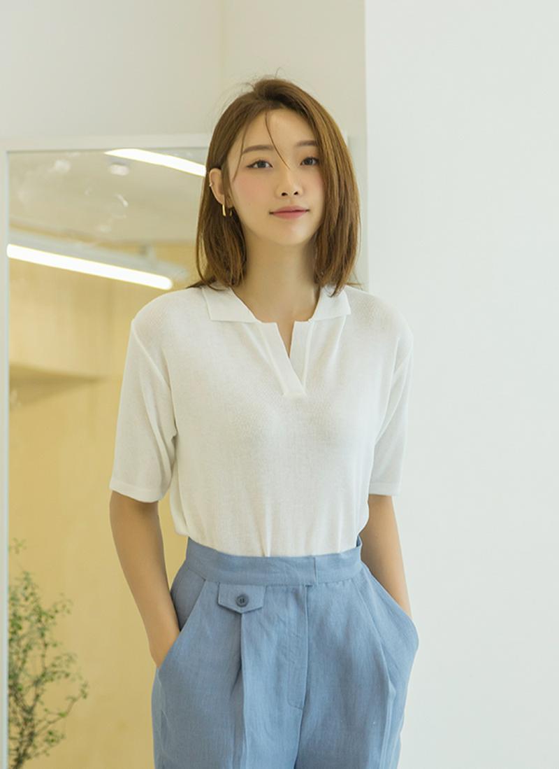 半袖スキッパーカラーアクリルニット