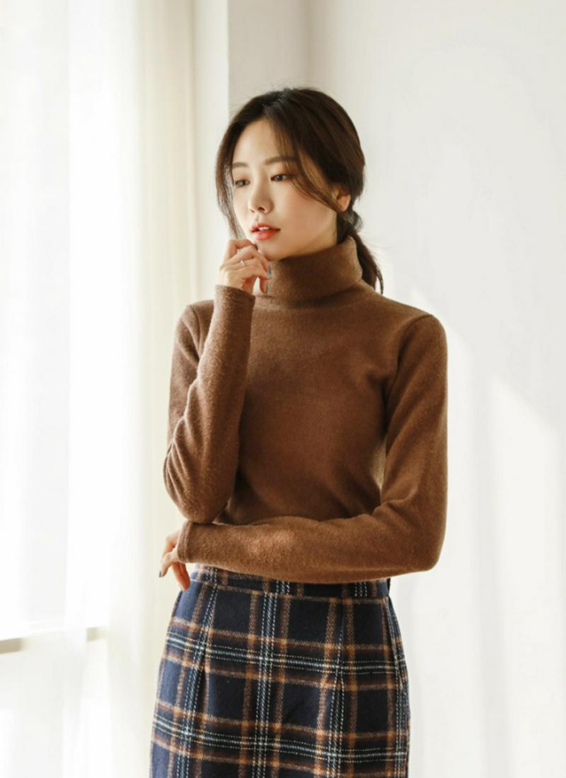 タートルネックシンプル起毛Tシャツ