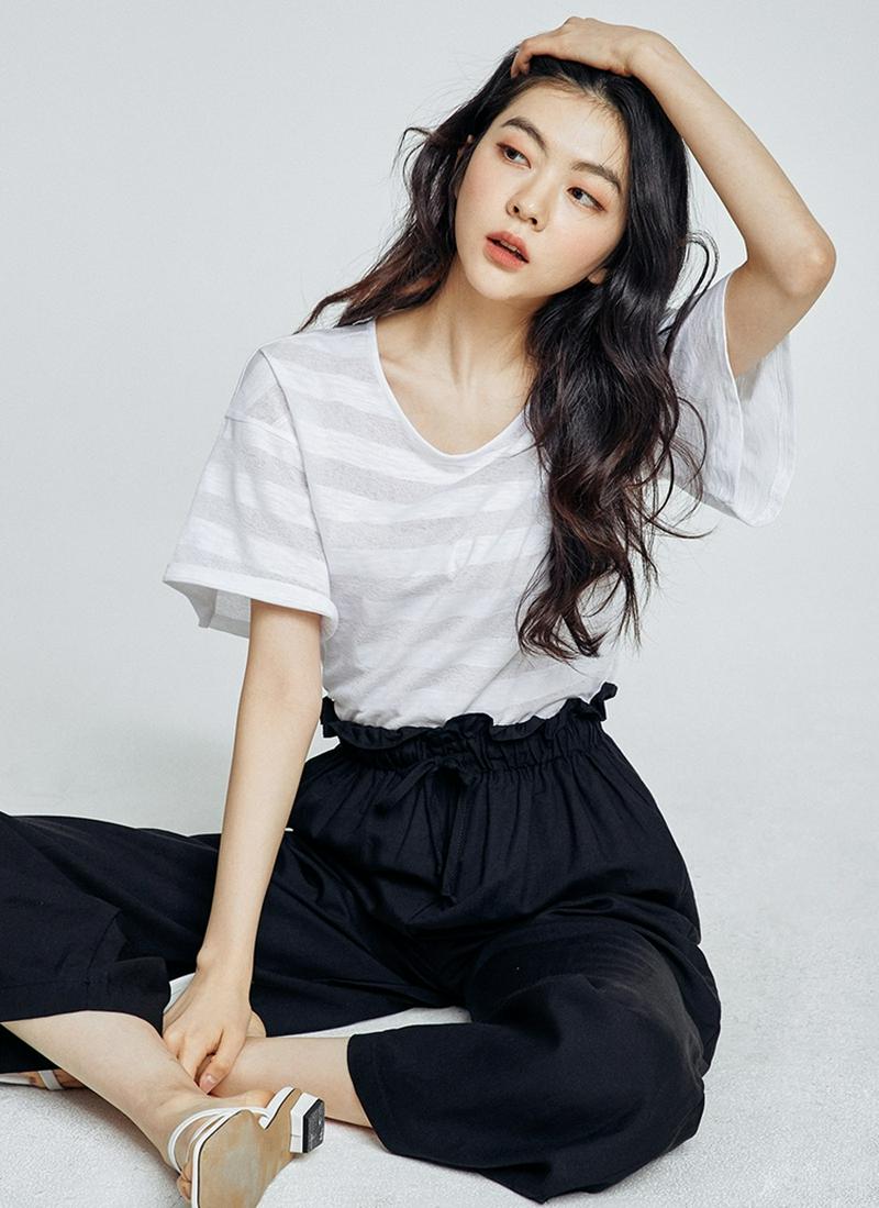 ボーダーコットンブレンド配色Tシャツ(ホワイト)