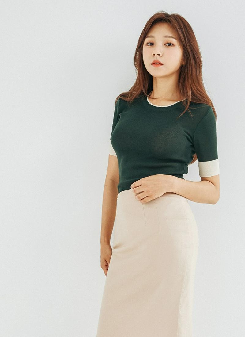 配色5分丈スリムニット