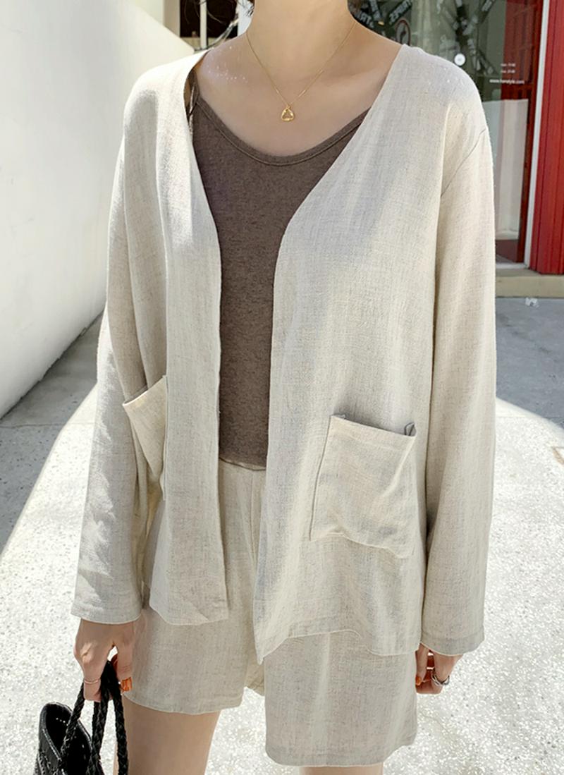 リネン混ノーカラージャケット&ショートパンツSET