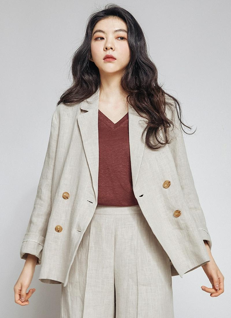 リネンベーシックダブルボタンジャケット(ベージュ)