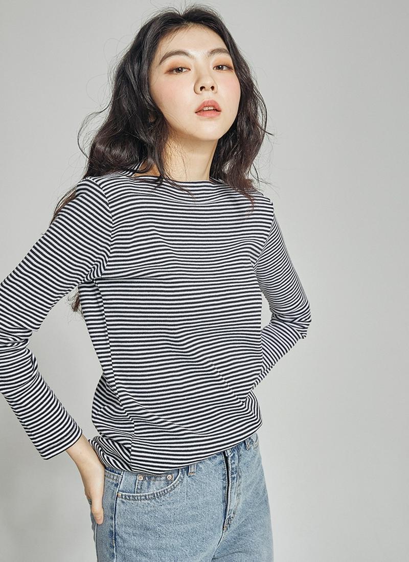 ボートネックボーダーTシャツ(ブラック)