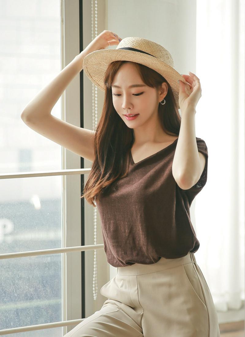 半袖リネンVネックTシャツ