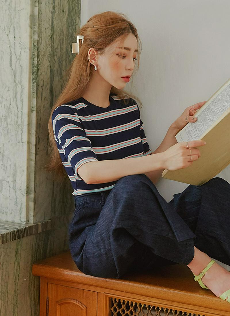 カラーボーダー半袖ニット