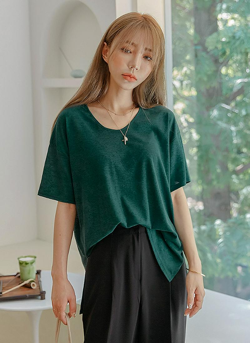 Uネックリネン混Tシャツ