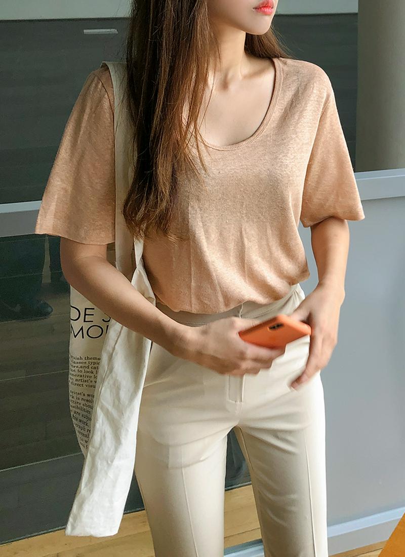 UネックリネンTシャツ