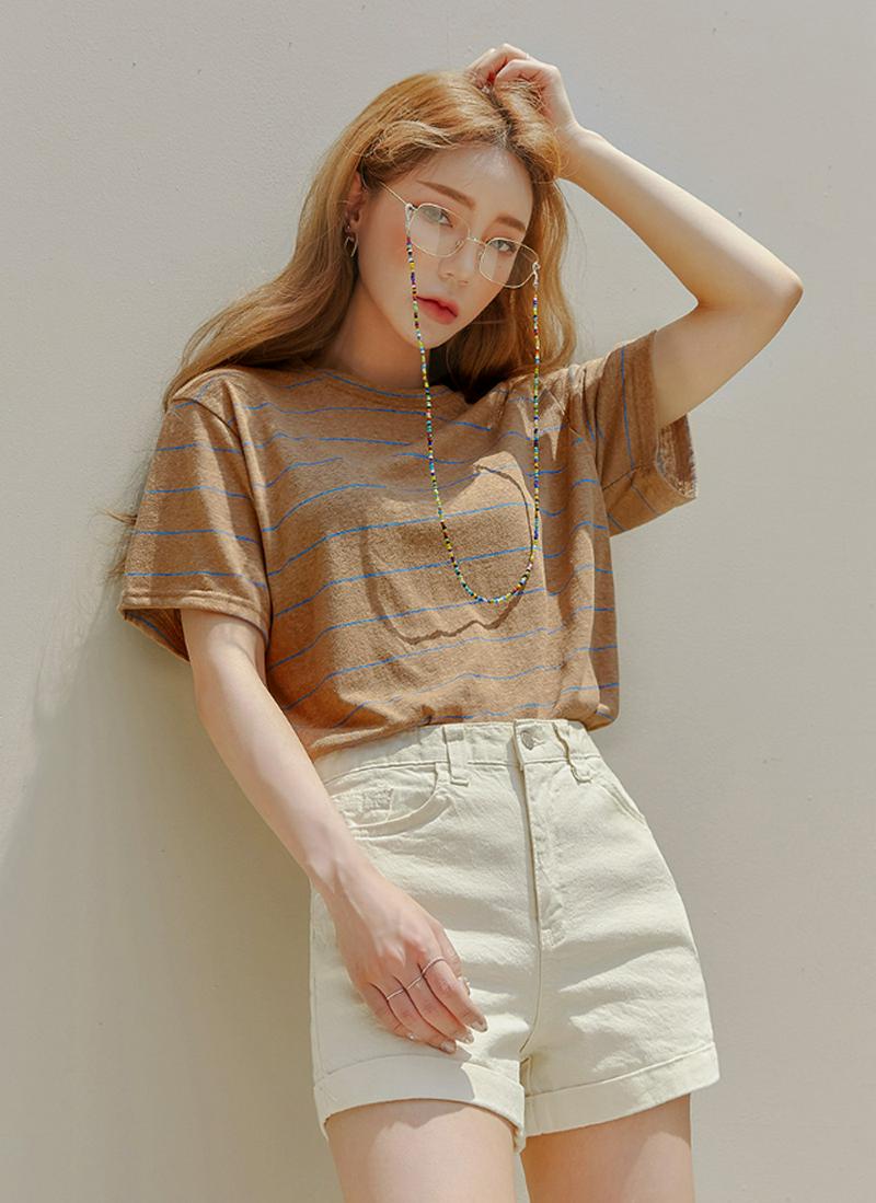 ボーダーリネン混Tシャツ