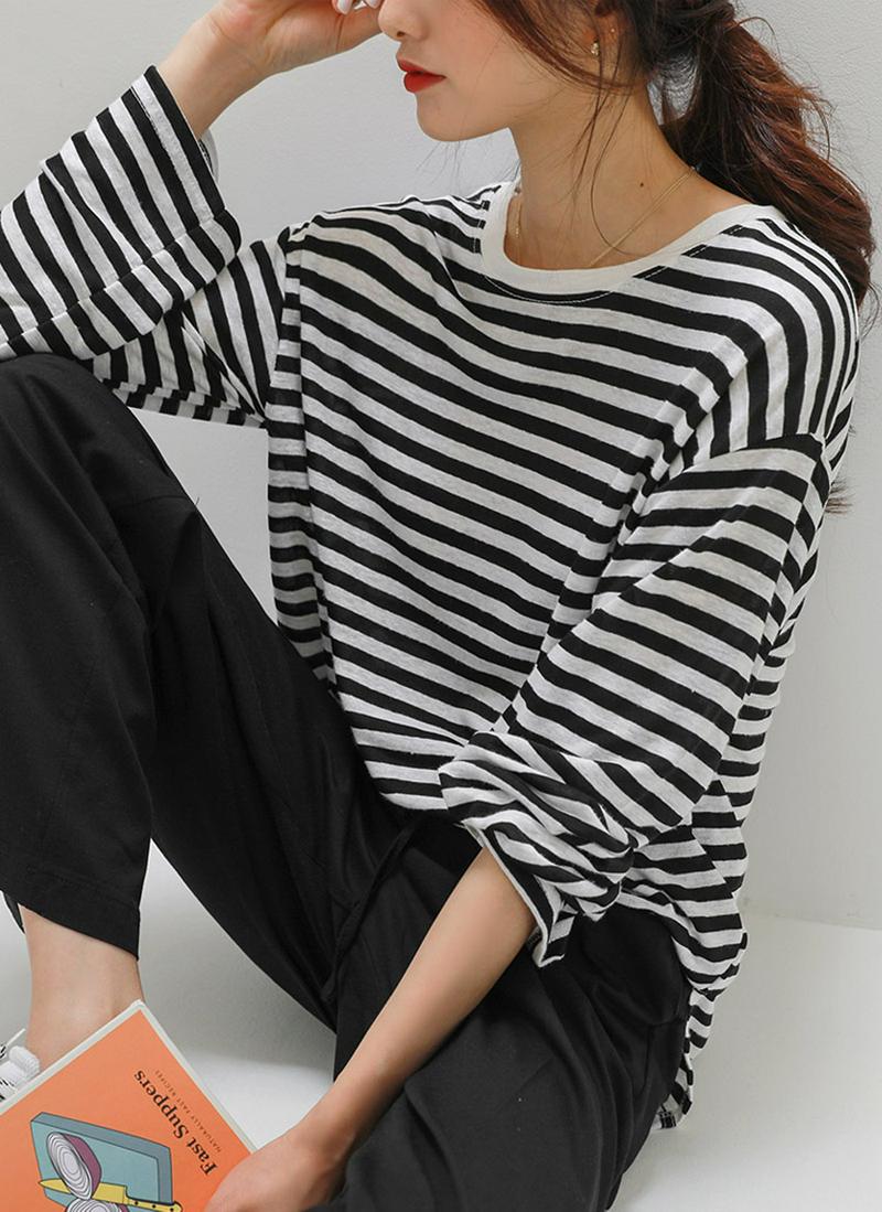 リネン混ボーダーパターンTシャツ