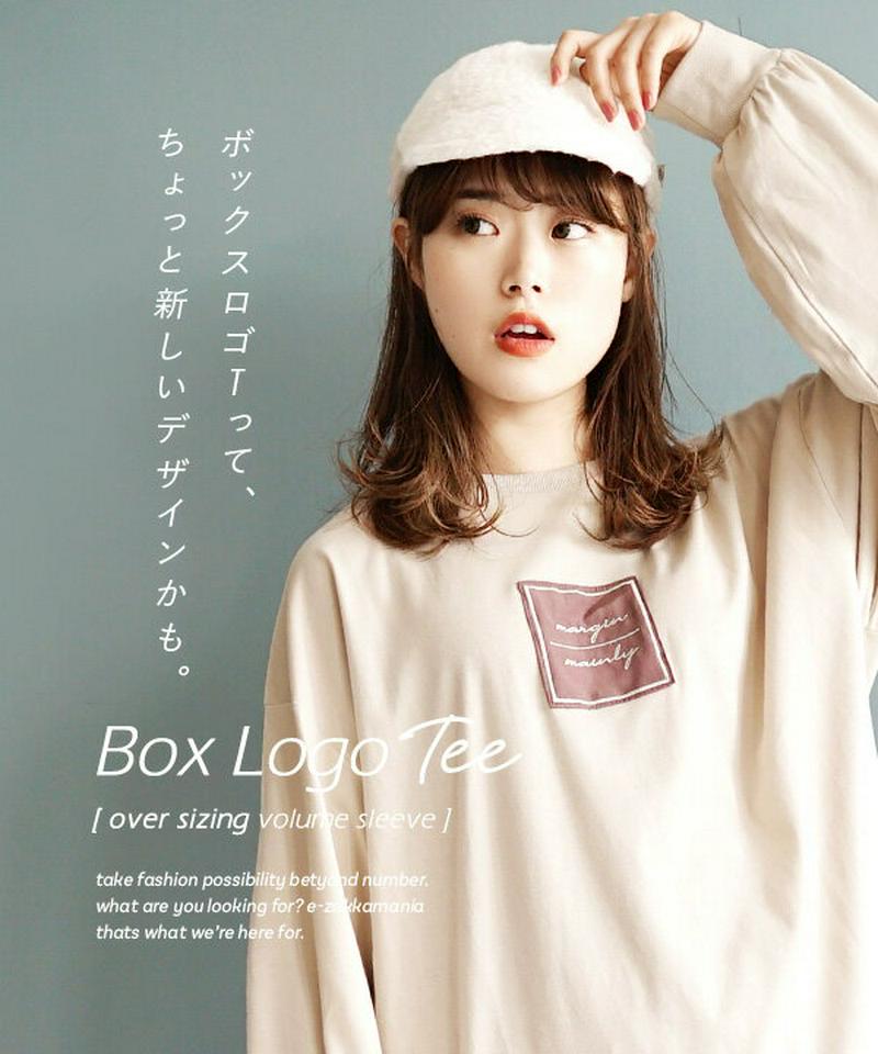 Tシャツ / 異素材BOXロゴの ボリュームスリーブ カットソー レディース トップス ビッグTシャツ プルオーバー ロゴ ロゴ
