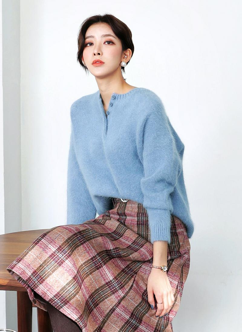 ミンクファー混ヘンリーネックニット・全4色