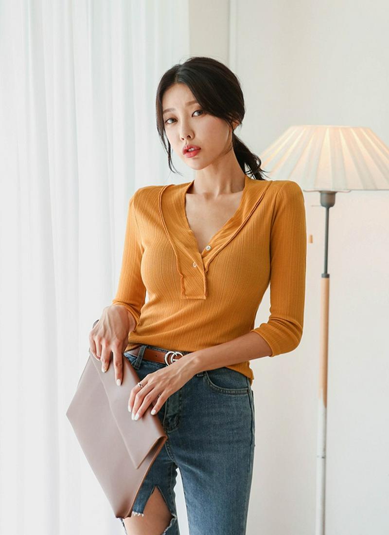 スリムリブボタンネックTシャツ