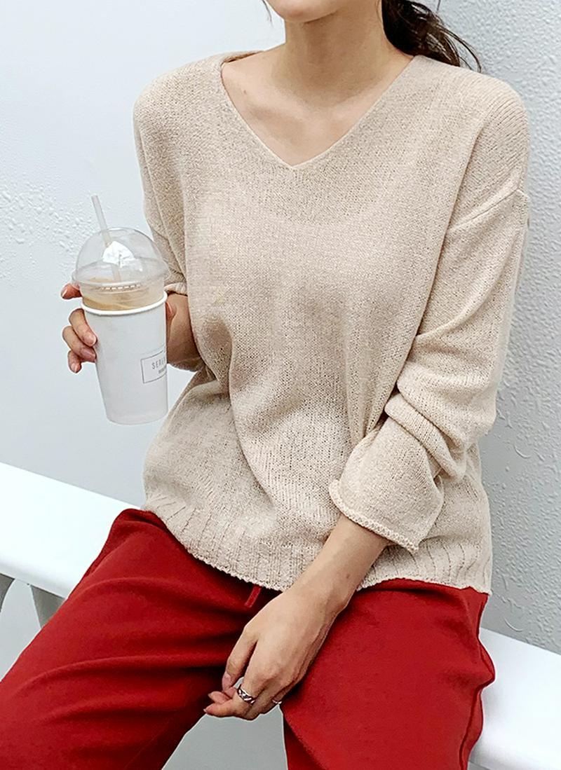 ロールスリーブVネックニット・全4色