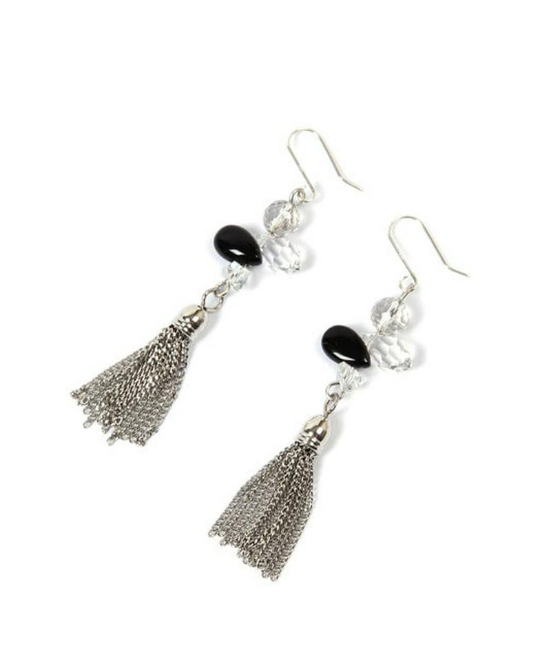 【8月誕生石】シルバー925 オニキス×チェーンタッセルピアス