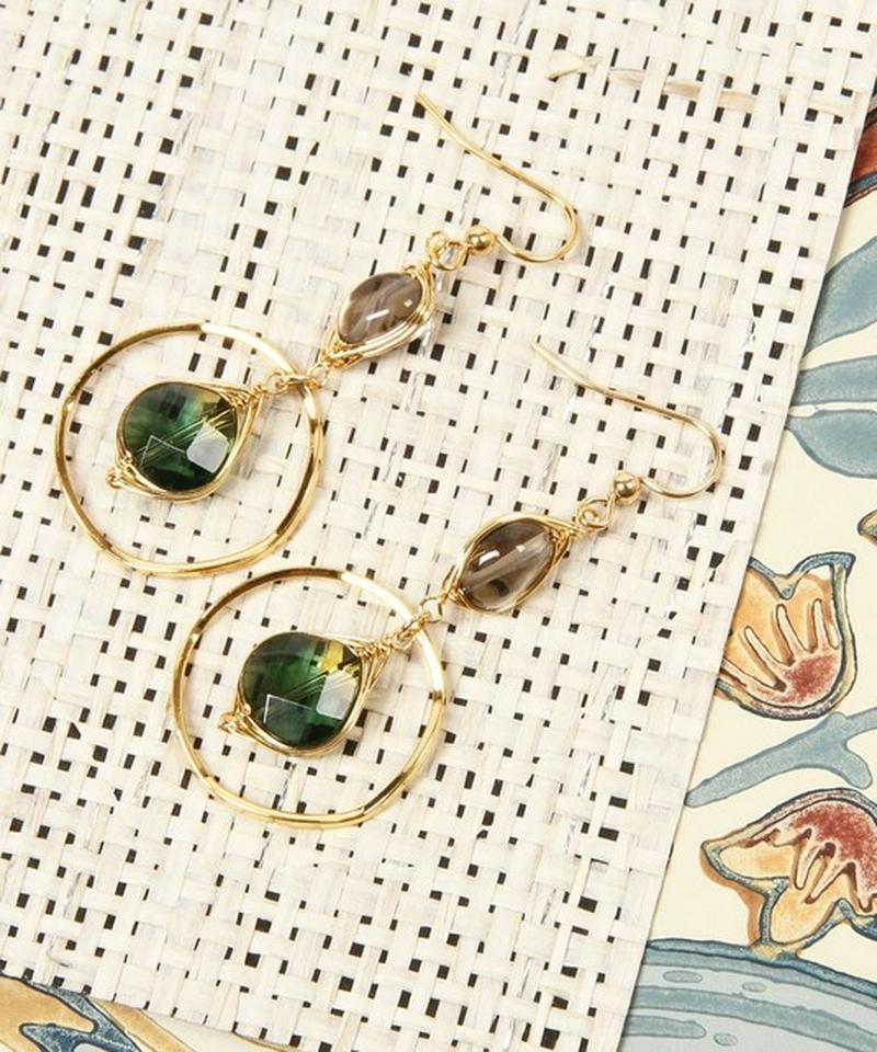 K14GF スモーキークォーツ×グリーンクォーツピアス