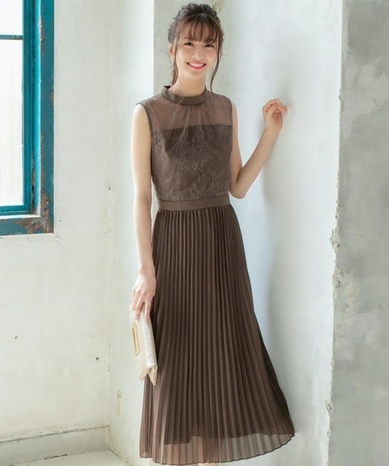 レーストッププリーツ ロングドレス