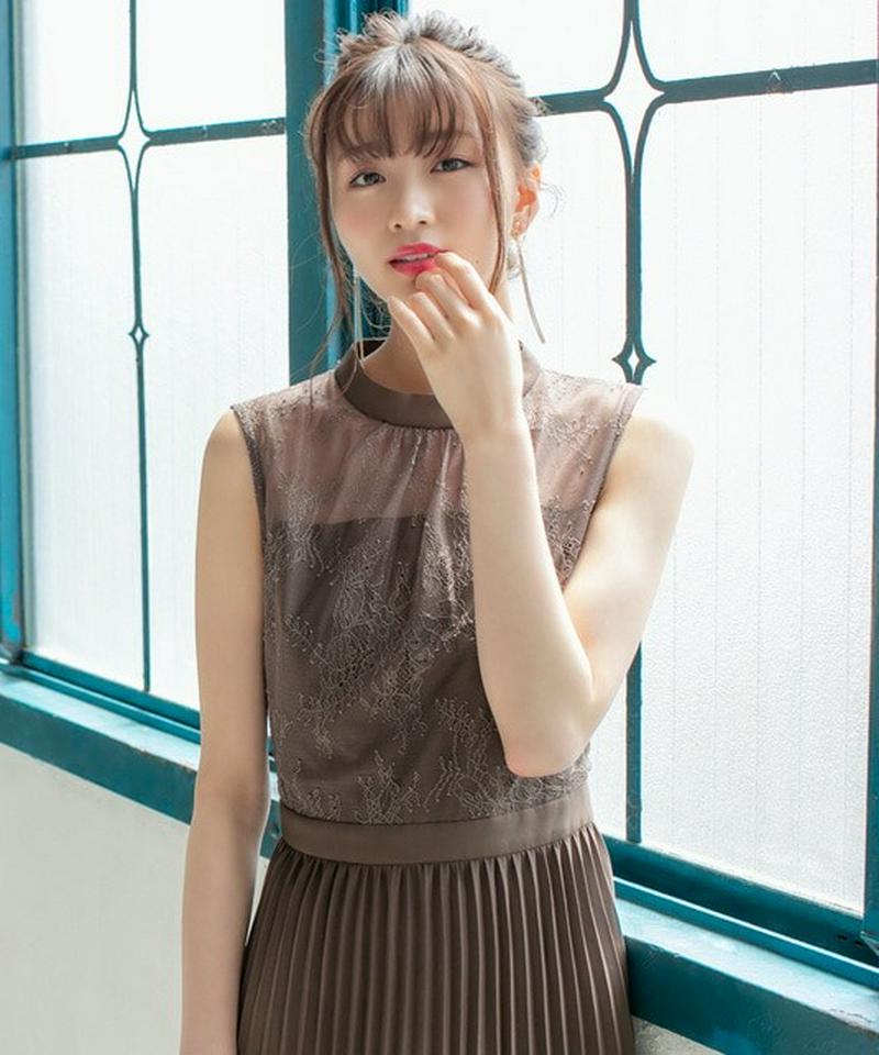 レーストッププリーツ ロングドレス