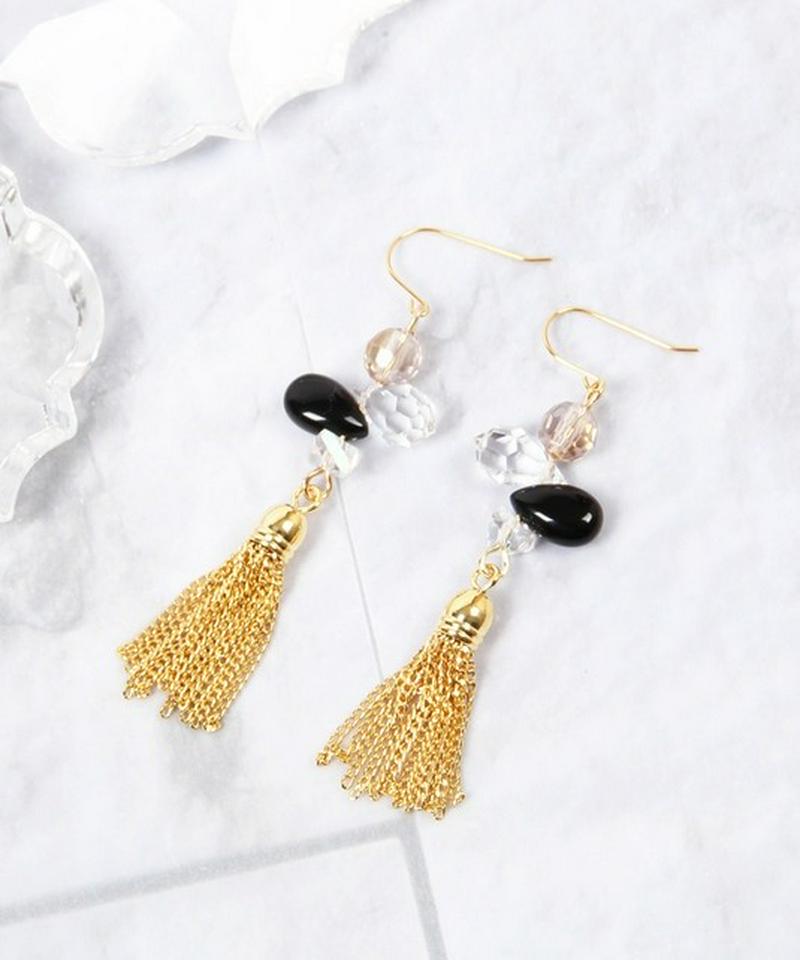 【8月誕生石】K14GF オニキス×チェーンタッセルピアス