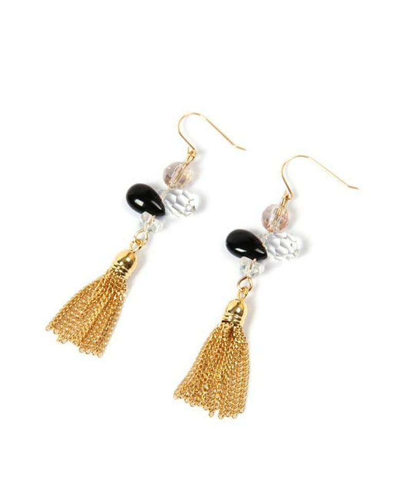 【8月誕生石】K14GF オニキス×チェーンタッセルピアス