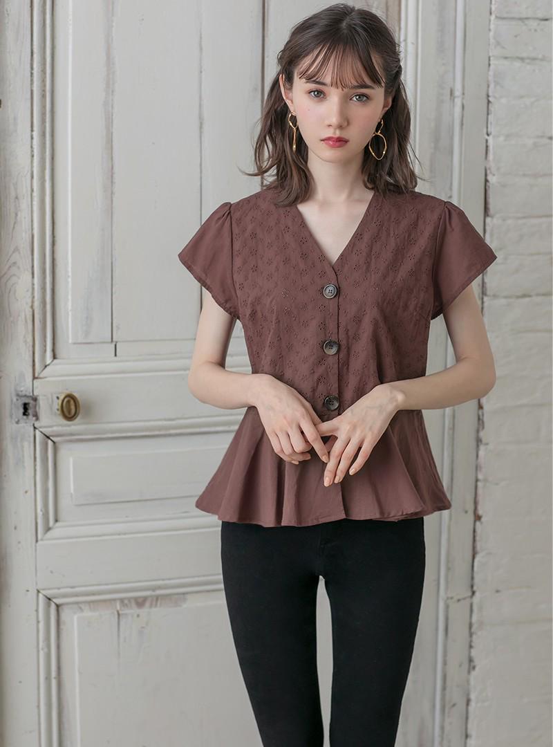 フレンチスリーブ刺繍レースぺプラムブラウス