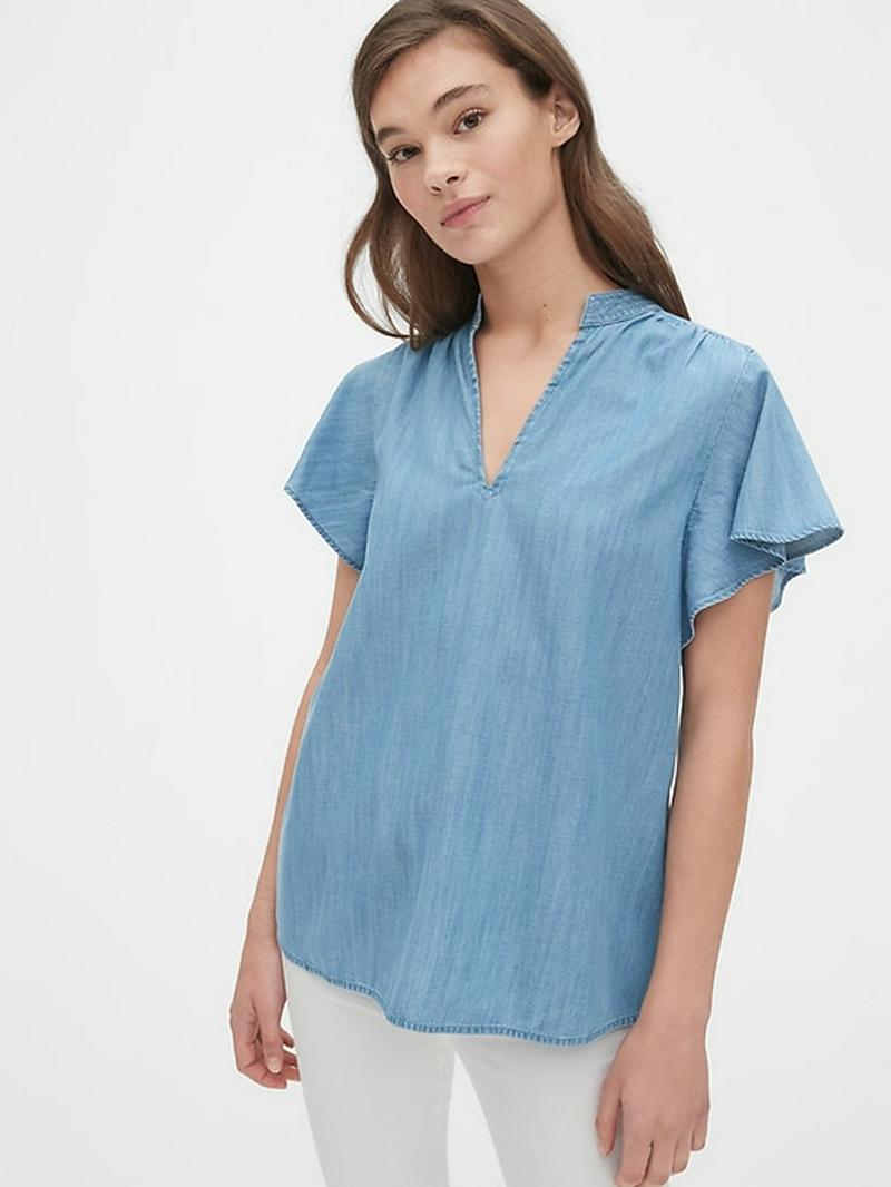 TENCEL™フラッタースリーブVネックトップス