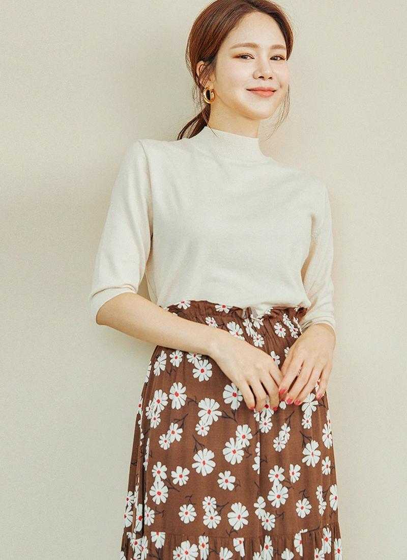 ハーフネック半袖ニット(アイボリー)