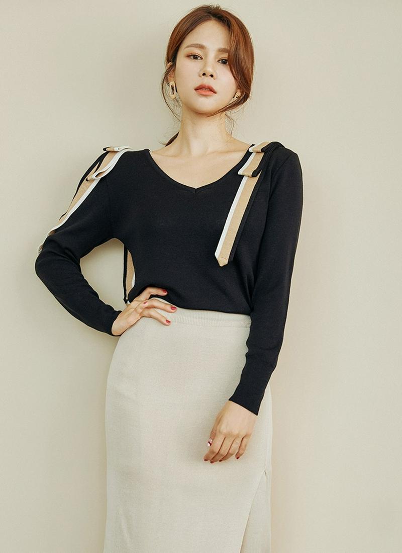 配色リボンディテールニット