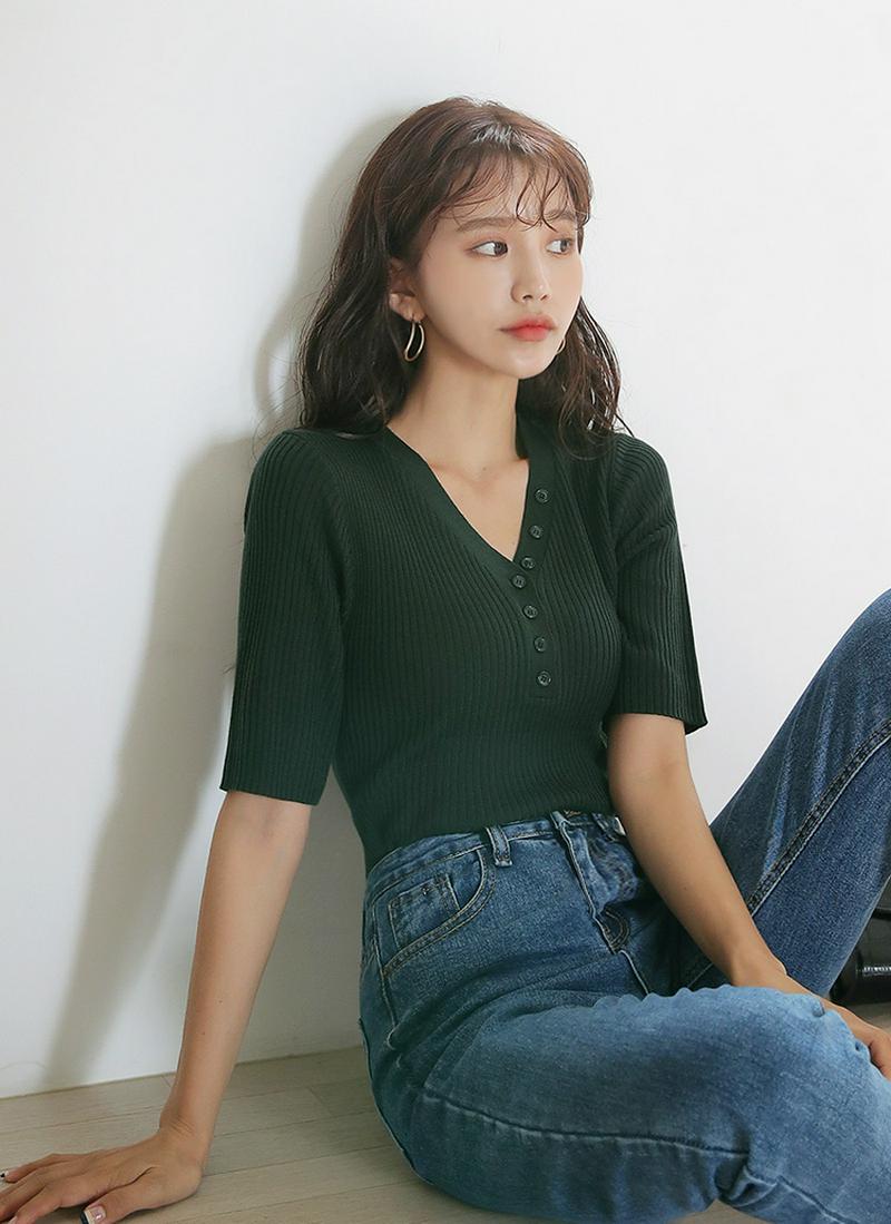 ハーフボタンVネックニット・全6色