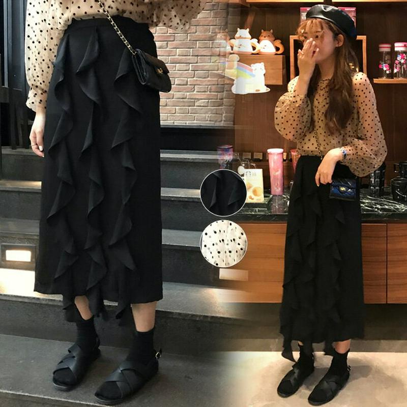 スカート ひざ丈 膝丈 ミモレ丈 レディース フリル 縦フリル シンプル ボトムス おしゃれ 可愛い メール便 2019秋冬新作