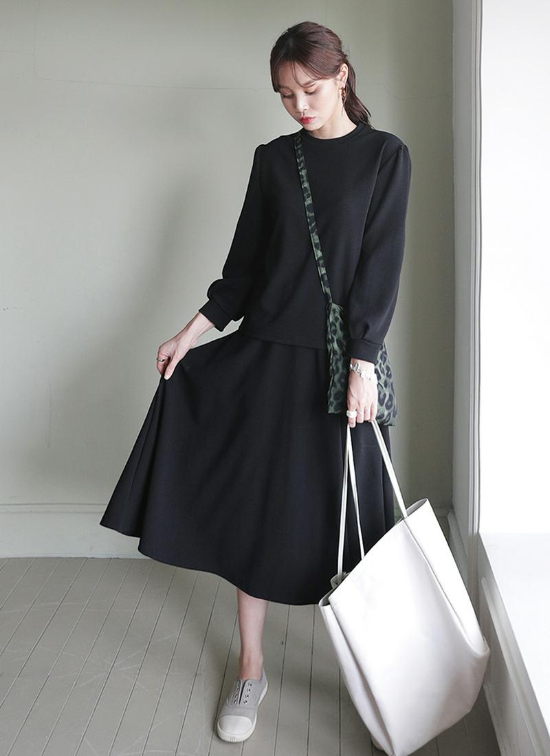 ≪人気商品再入荷≫パフTシャツ&スカートSET・全3色・b58749 レディース【ops】 トップス Tシャツ 長袖 ラウンドネック パフスリーブ スカート ロングスカート ロング丈 フレア ウエストゴム 無地 カジュアル セットアップ 秋 ハイホリHIHOLLI