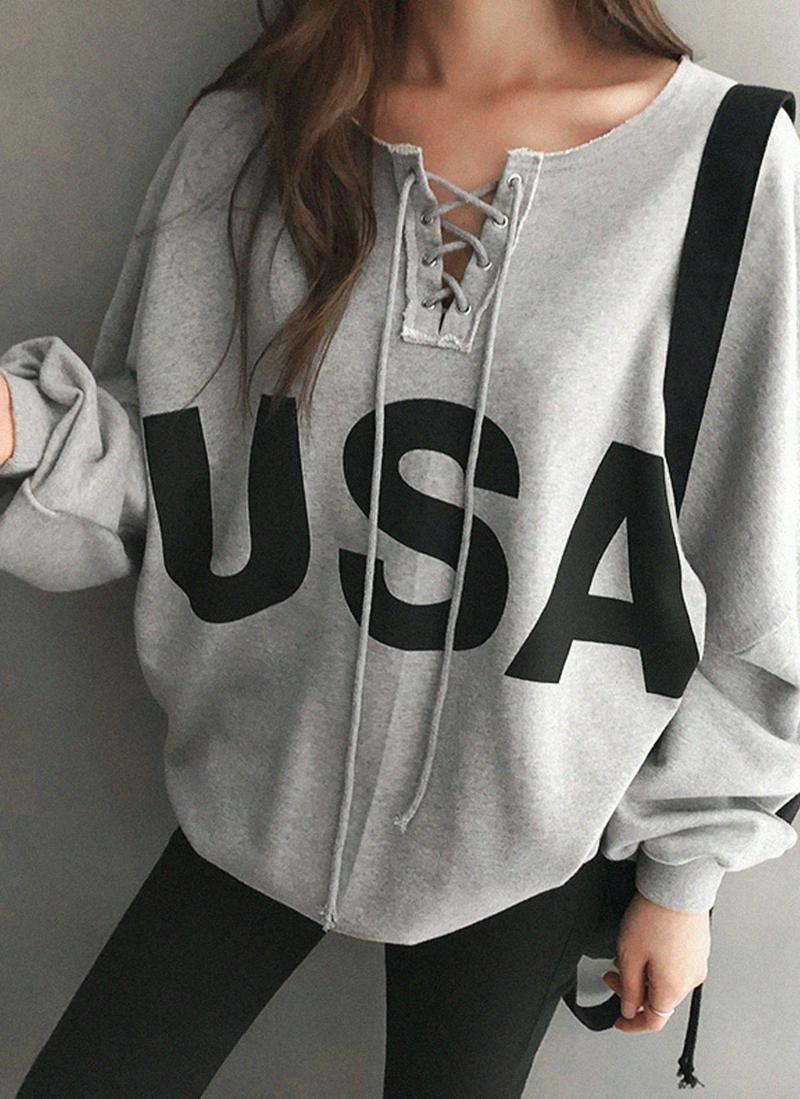 USAプリント編み上げスウェット