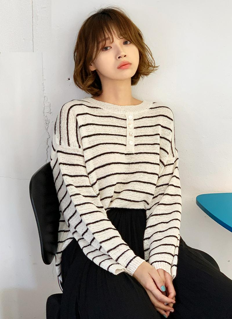 ボタンボーダーニット・全2色