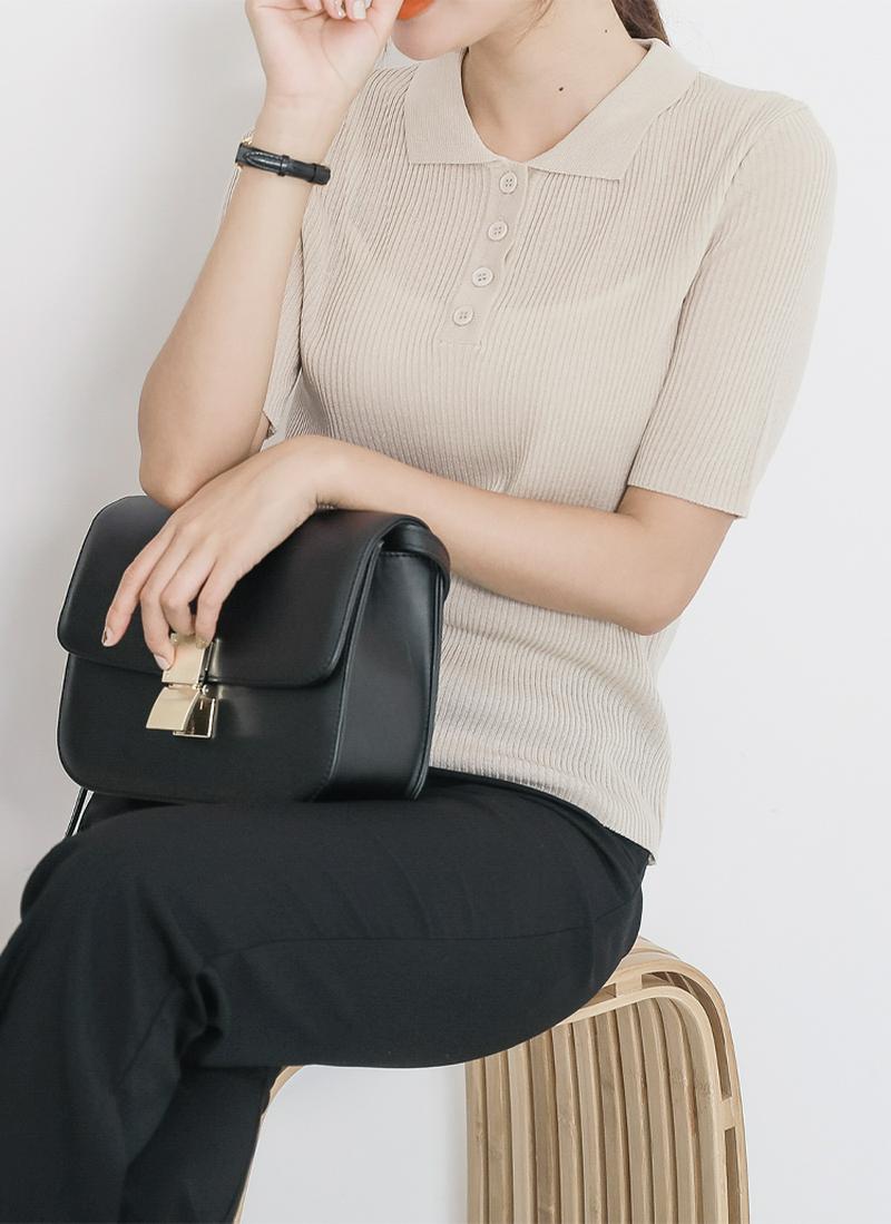 ポロカラーリブ半袖ニット