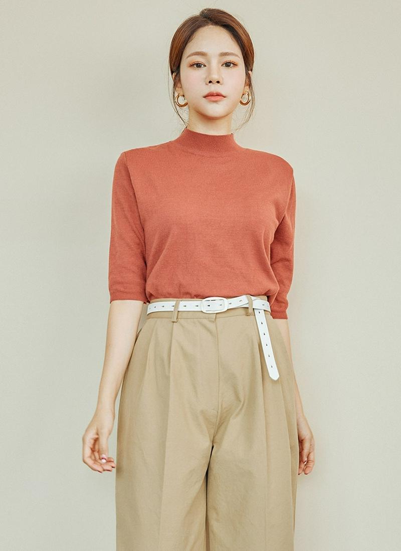 ハーフネック半袖ニット(ブラウン)