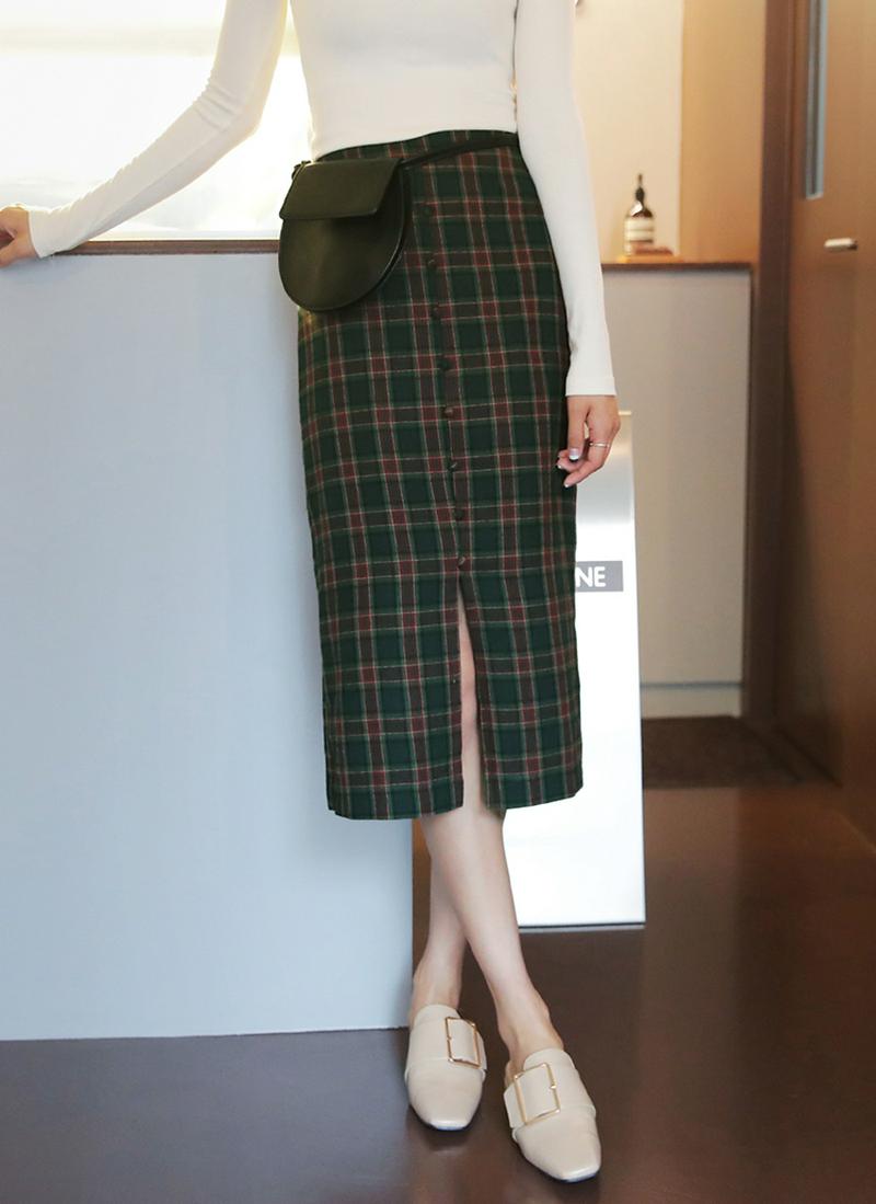 くるみボタンチェックスカート・全2色