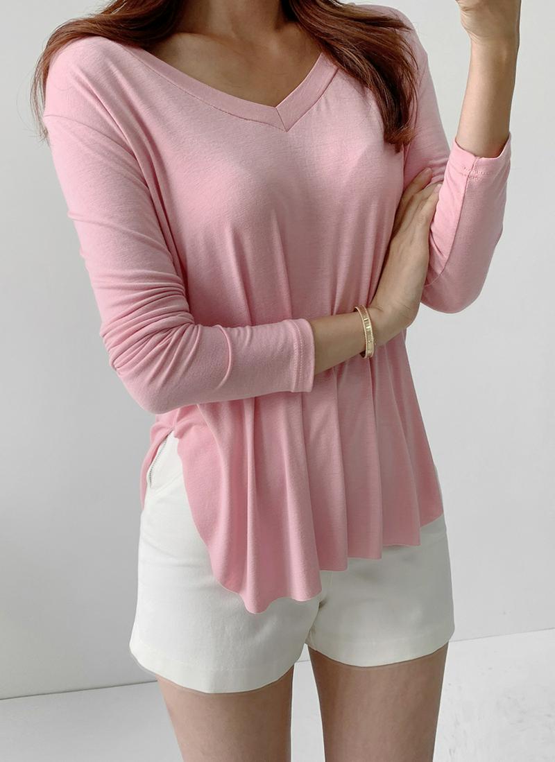 VネックシルケットTシャツ