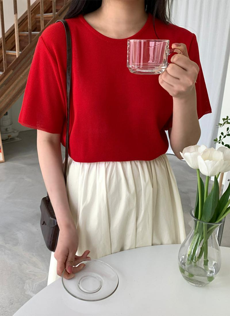 ラウンドネックアクリル半袖ニット