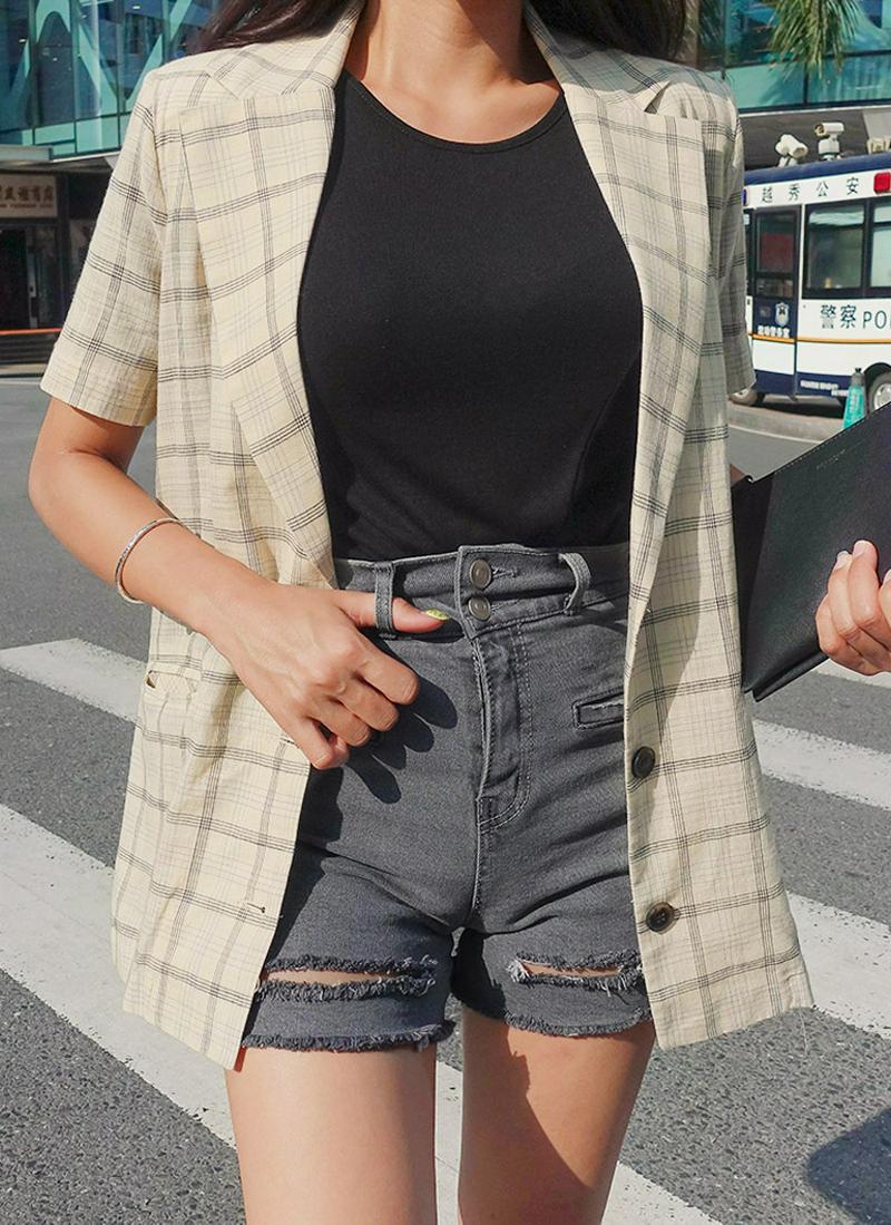 半袖リネンブレンドチェックジャケット