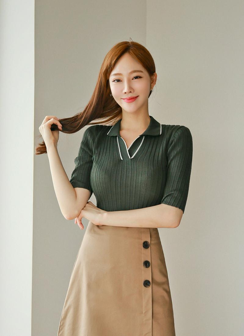 スリム配色ポロカラーニット