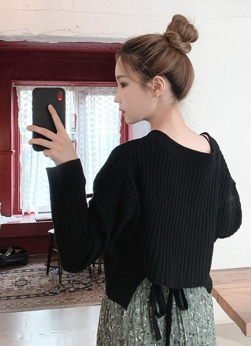 バックリボンルーズVネックニット