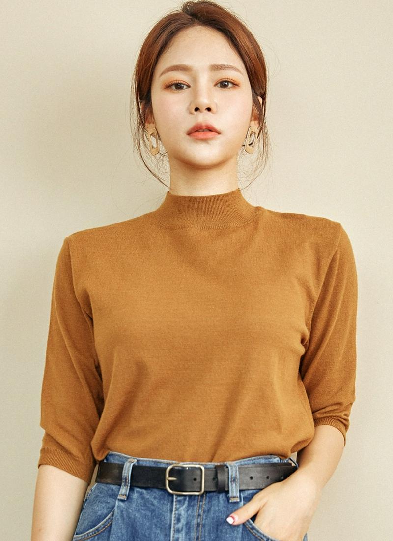 ハーフネック半袖ニット(ブラウン)