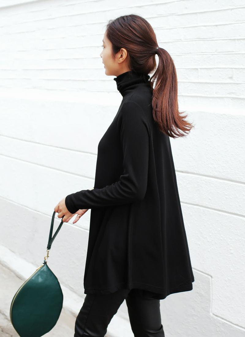 ≪人気商品再入荷≫裏起毛タートルネックフレアTシャツ・全2色・b46199 レディース【tops】 人気 トップス Tシャツ 長袖 裏起毛 タートルネック ハイネック フレア 大人 カジュアル チュニック インしない 秋 冬 ハイホリHIHOLLI